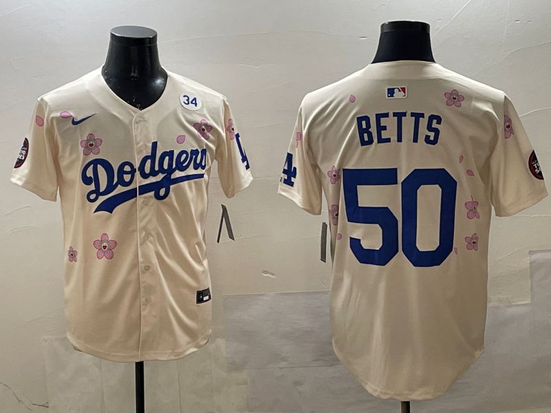 Men Los Angeles Dodgers #50 Betts Cream Sakura Edition 2025 Nike MLB Jersey style 6